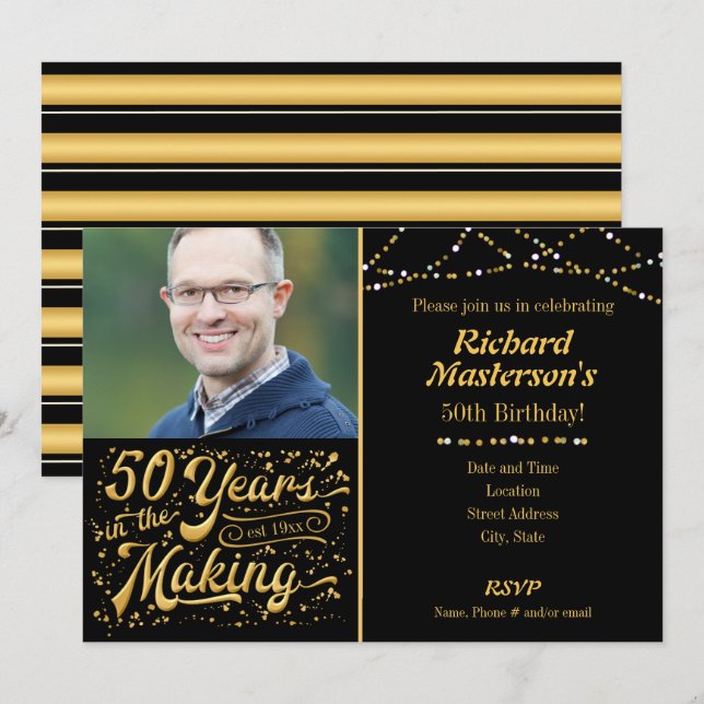 50 Jahre Schwarz & Gold Geburtstag Einladung (Vorne/Hinten)