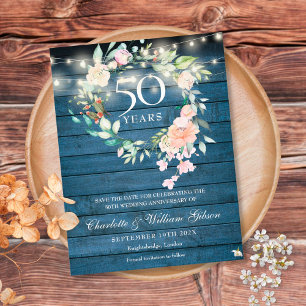 50. Jahrestag Blue Rustic Floral Save the Date Postkarte