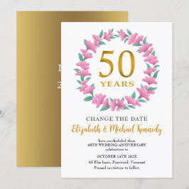 50. Jahrestag Golden Pink Floral Change Datum Einladung