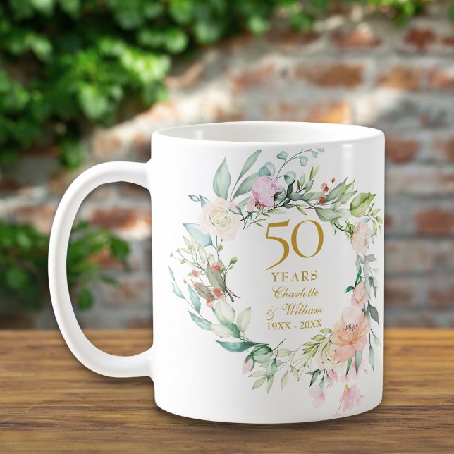 50. Jahrestag Hochzeit Rose Aquarellland Kaffeetasse (50th Anniversary Wedding Rose Watercolour Garland Coffee Mug)