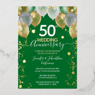 50-jähriges Gold Balloons Green Kleeblatt Folieneinladung