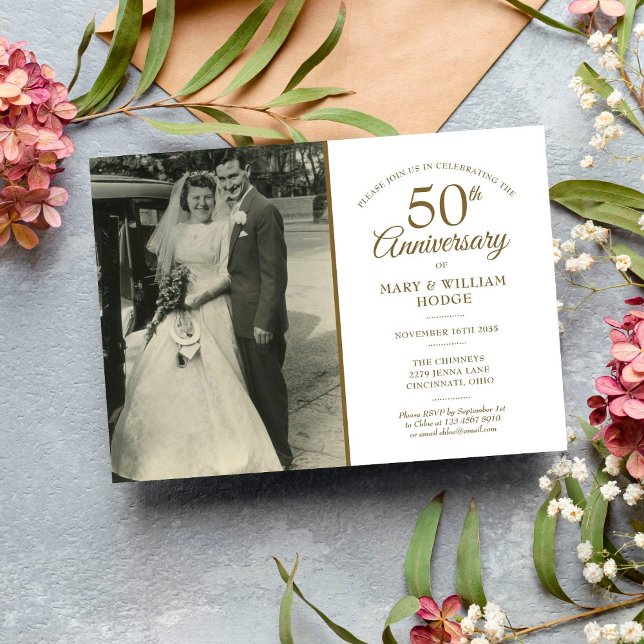 50-jähriges Gold Heart Confetti Wedding Foto Einladung (Von Creator hochgeladen)