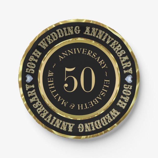 50-jähriges Gold & Schwarz-weiß Diamonds Dinne Pappteller (Vorderseite)