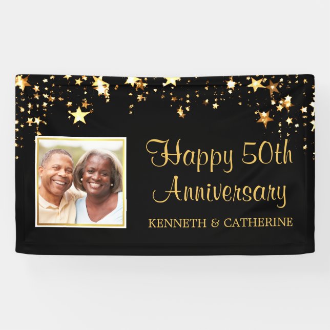 50-jähriges Modern Black Gold Stars Foto Banner (Horizontal)