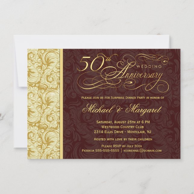 50-jähriges Überraschungs-Party - Goldener Damast Einladung (Vorderseite)