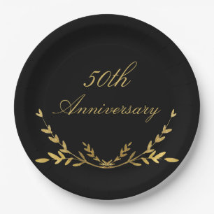 50. Jubiläum 50 Elegantes Black Gold Leaf Pappteller