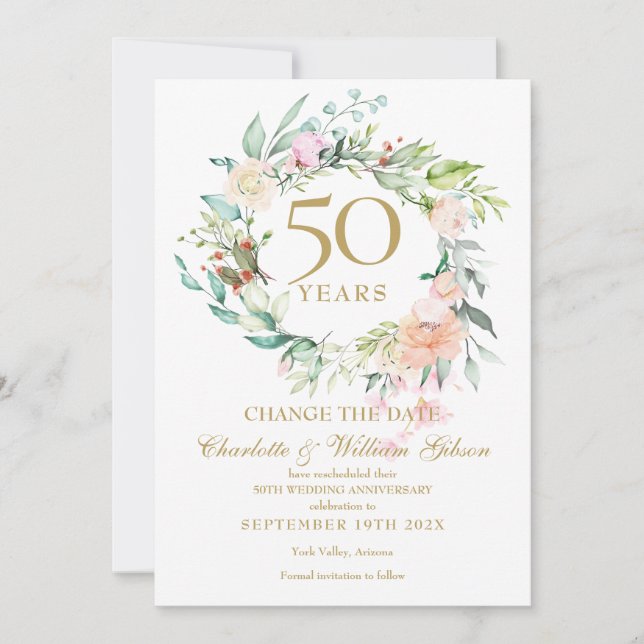 50. Jubiläum Ändern Sie das Datum Rose Garland Einladung (Vorderseite)