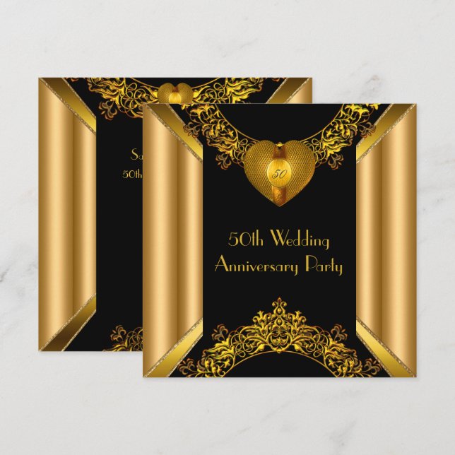 50. Jubiläum Art Deco Gold Goldenes Herz 2 Einladung (Vorne/Hinten)