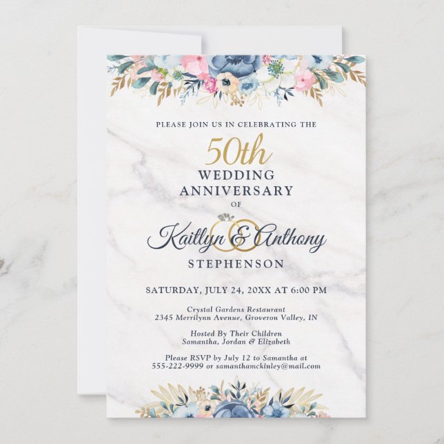 50. Jubiläum Elegant Floral Gold Navy Blue Einladung (Vorderseite)