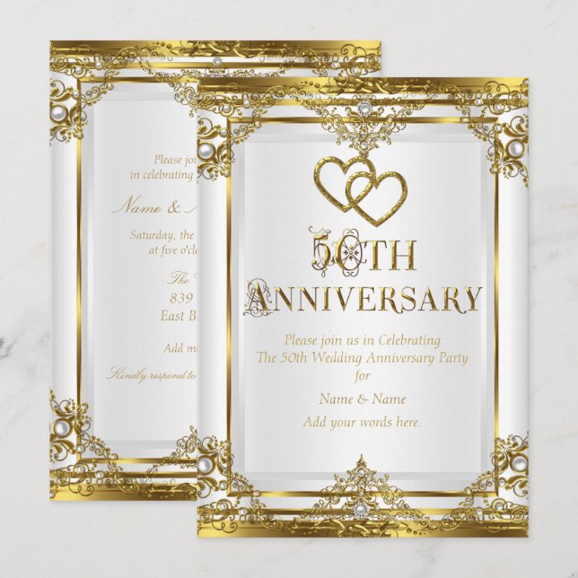 50. Jubiläum Elegant Gold White Pearl Einladung (Vorne/Hinten)