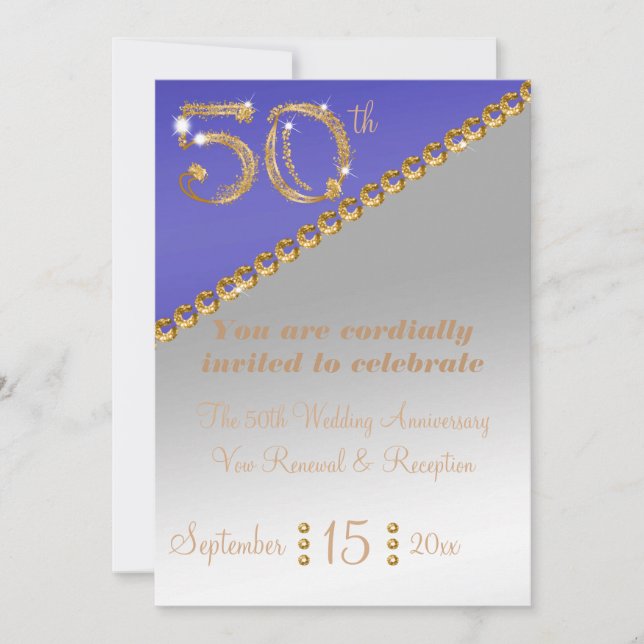 50. Jubiläum elegantes Gold Nugget & Blue Invita Einladung (Vorderseite)