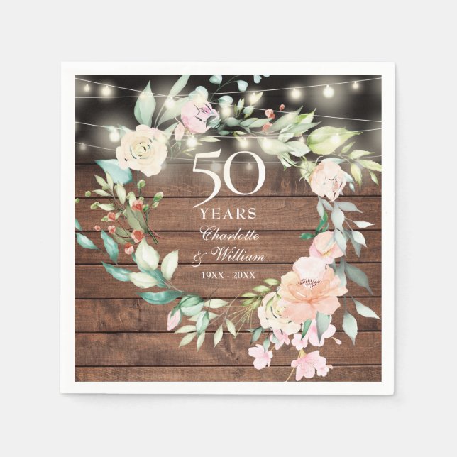 50. Jubiläum florale String Lights Rustikales Holz Serviette (Vorderseite)