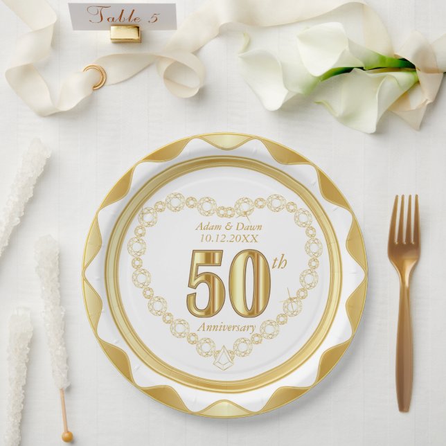 50. Jubiläum - Gold und Weiß Pappteller (Hochzeit)