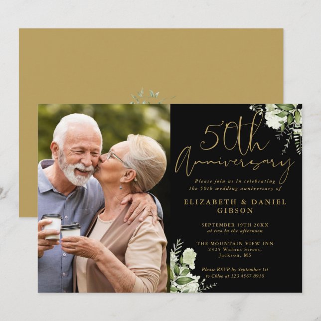 50. Jubiläum Greenery Black and Gold Foto Einladung (Vorne/Hinten)