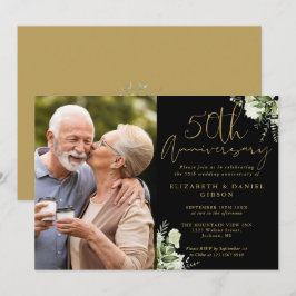 50. Jubiläum Greenery Black and Gold Foto Einladung