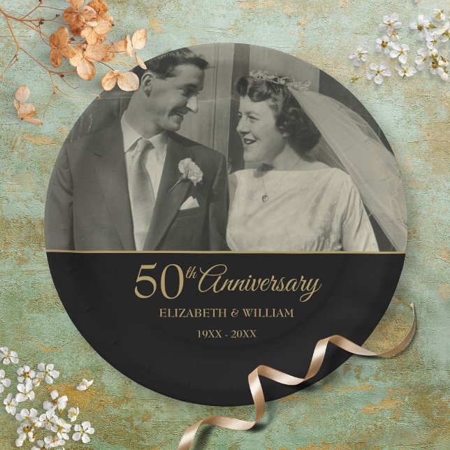50. Jubiläum Hochzeit Gold Black Foto Pappteller (50th Anniversary Wedding Gold Black Photo Paper Plates)