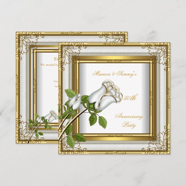 50. Jubiläum Hochzeit White Rose Gold Elegant Einladung (Vorne/Hinten)