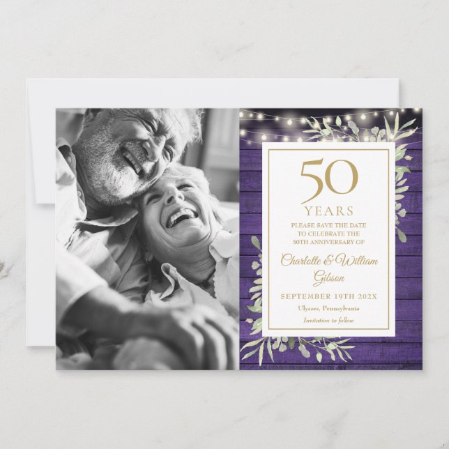 50. Jubiläum Lila Holzleuchten Foto Save The Date (Vorderseite)