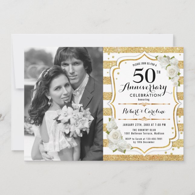 50. Jubiläum mit Foto - Gold White Einladung (Vorderseite)