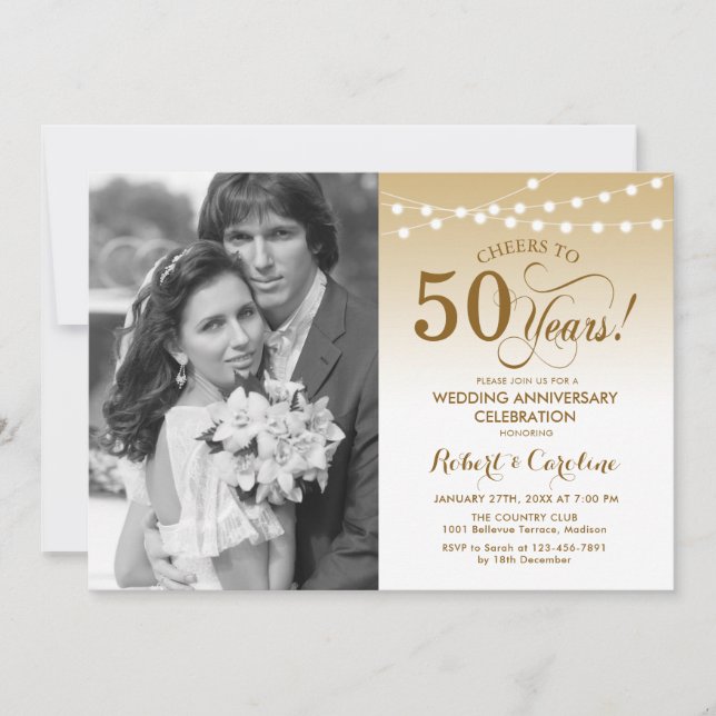 50. Jubiläum mit Foto - Gold White Einladung (Vorderseite)