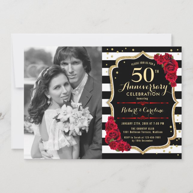 50. Jubiläum mit Foto - Red Gold Black Einladung (Vorderseite)