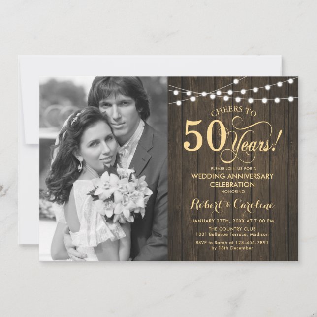 50. Jubiläum mit Foto - Rustikales Holz Gold Einladung (Vorderseite)