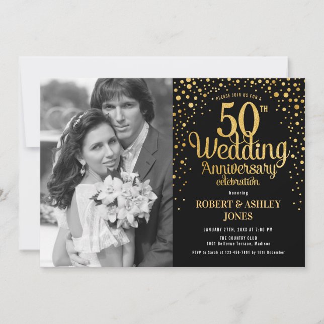 50. Jubiläum mit Foto - Schwarzes Gold Einladung (Vorderseite)