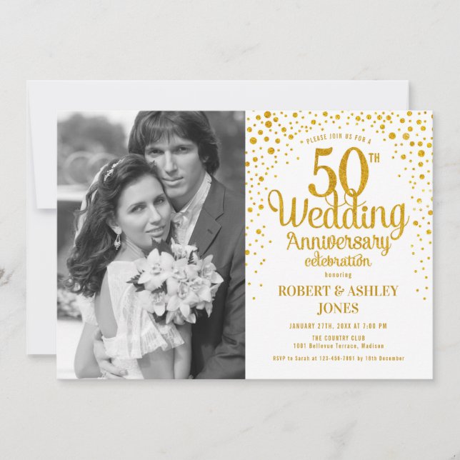 50. Jubiläum mit Foto - Weißes Gold Einladung (Vorderseite)