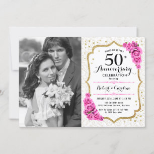 50. Jubiläum mit Foto - Weißgold Rosa Einladung