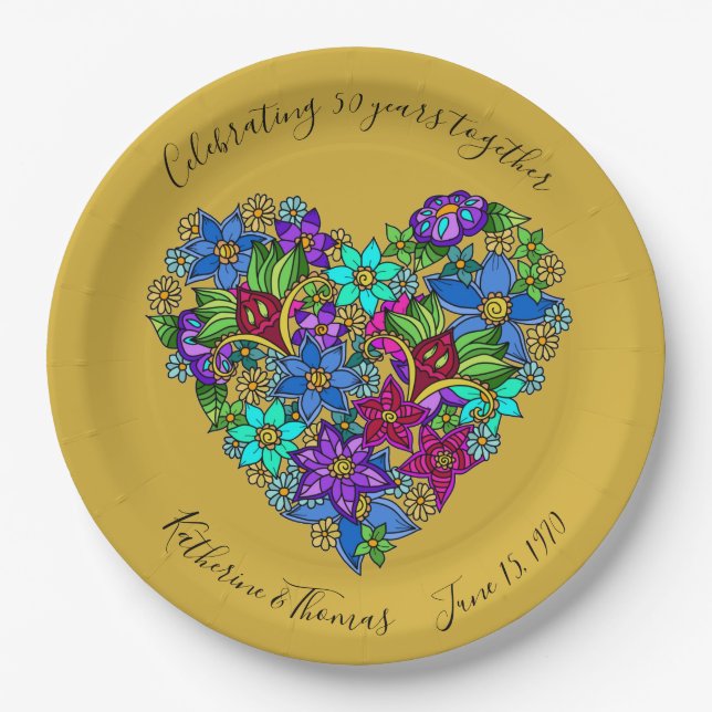 50. Jubiläum Partyware, Blumenherz, kundenspezifis Pappteller (Vorderseite)