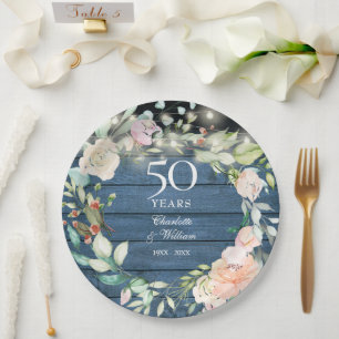 50. Jubiläum Rustikale Holzsaitenleuchten floral Pappteller