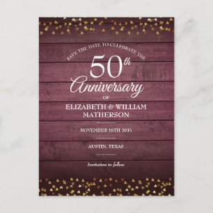 50. Jubiläum Save the Date Gold Herzen Rustikal Postkarte