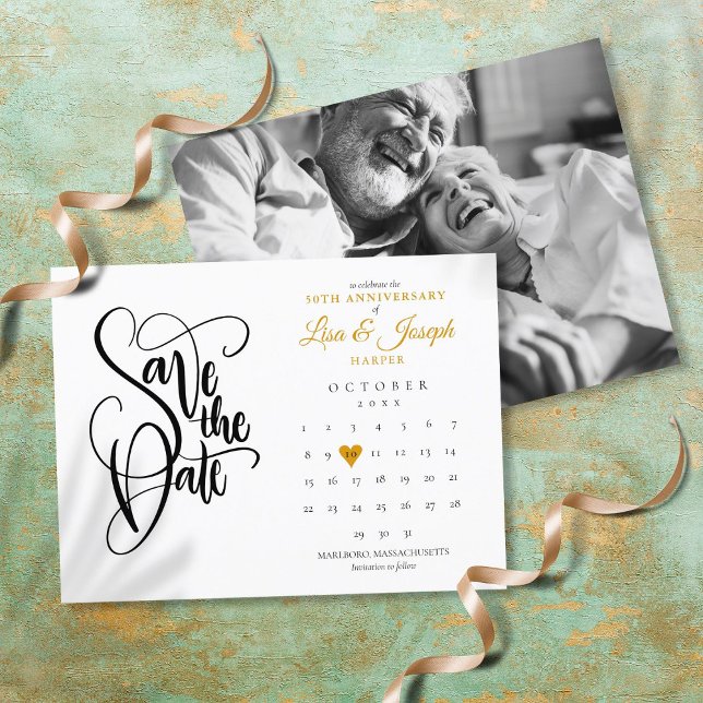 50. Jubiläum Save the Date Kalender Gold Foto Ankündigungspostkarte (Von Creator hochgeladen)