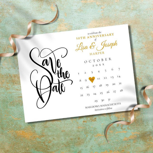 50. Jubiläum Save the Date Kalender Gold Herz Postkarte (Von Creator hochgeladen)