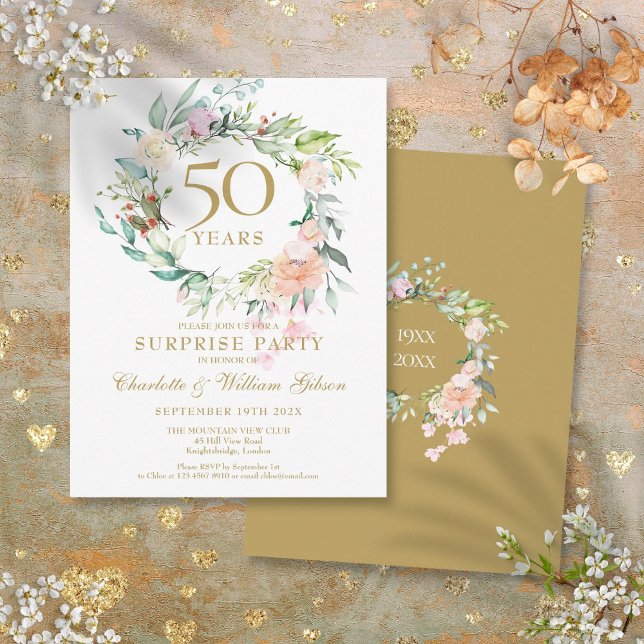 50. Jubiläum Surprise Party Rose Garland Ankündigungspostkarte (50th Anniversary Surprise Party Roses Garland Announcement Postcard)