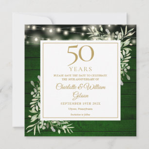 50. Jubiläums-Laub-Grün-Holz-Lichter-Quadrat Save The Date