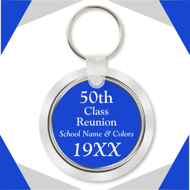 50. Klasse Wiedersehen Geschenkideen, Ihr Text, Fa Schlüsselanhänger (50 year class reunion souvenirs. Blue, White and Silver, 50th class reunion keychains. 50th reunion.)