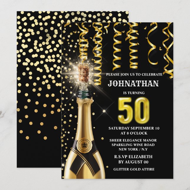 50 Meilenstein Schaumwein Gold Schwarzer Glitzer Einladung (Vorne/Hinten)