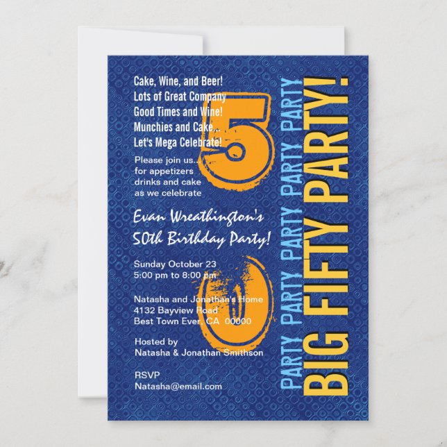 50. Modern Birthday Blue and Gold Grunge Einladung (Vorderseite)