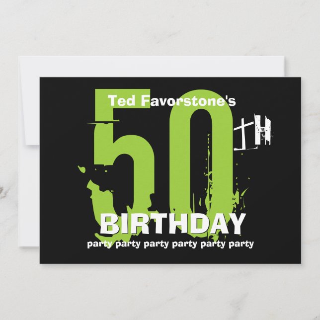 50. Modern Birthday Party Green und Black W1507 Einladung (Vorderseite)