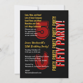50. Modern Birthday Red Gold Black Grunge Einladung