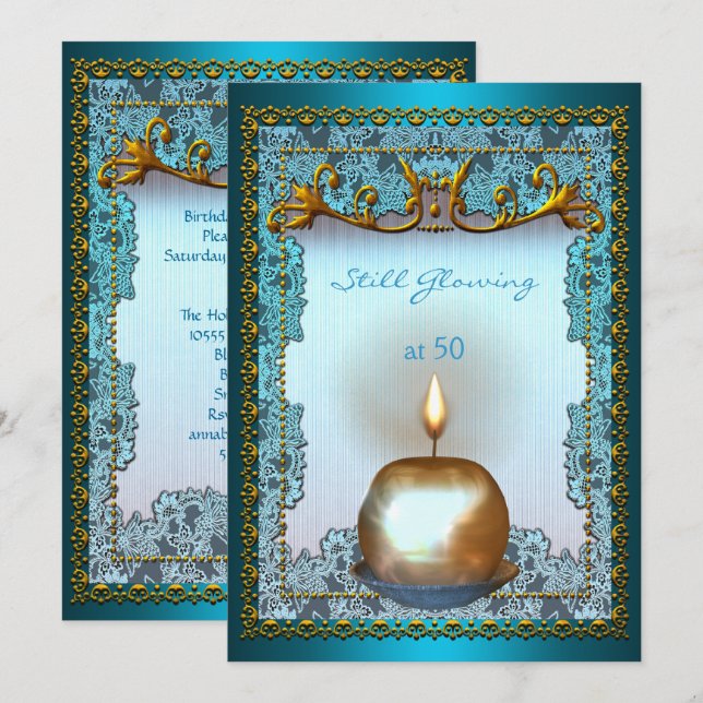 50 noch glühende Birthday Aquamarin Gold Kerzenleu Einladung (Vorne/Hinten)