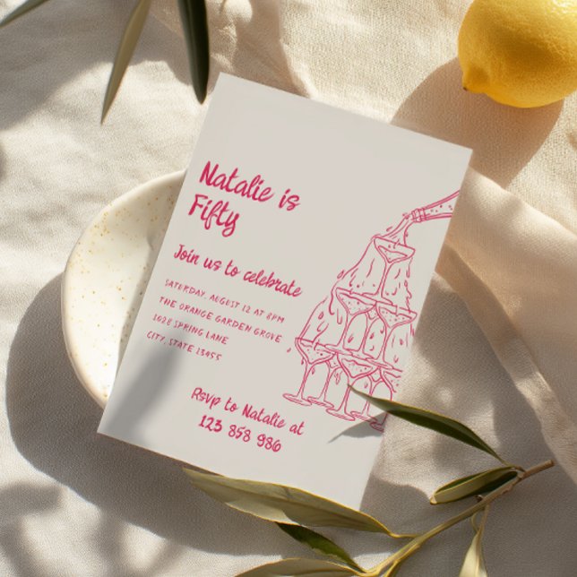 50. Pink Gezeichnet Champagner Tower Fünfzig Gebur Einladung (Von Creator hochgeladen)