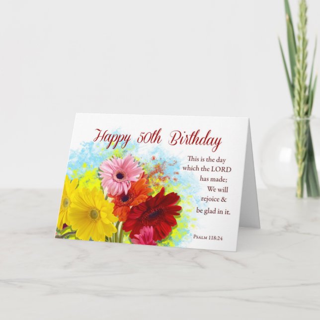 50. Religious Birthday, Gerbera Daises Blume Karte (Vorderseite)