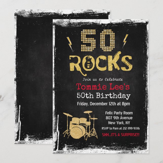 50 Rocks Rockstar Guitar Invitation 50e anniversai (Devant / Derrière)