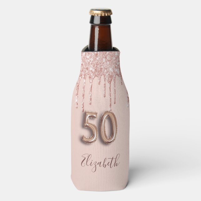 50. Rose Gold Glitzer pink Flaschenkühler (Flaschenvorderseite)