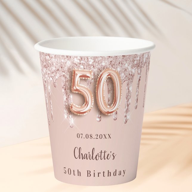 50. Rose Gold Glitzer Tropfen Monogramm Pappbecher (Von Creator hochgeladen)