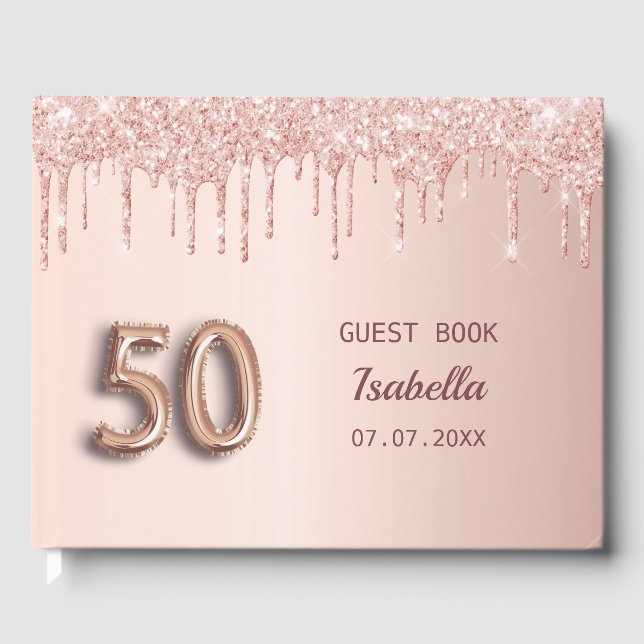 50. Rose Gold Rosa Tropfen Gästebuch (Vorderseite)