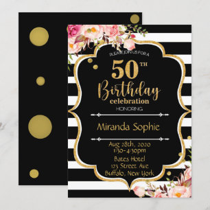 50. Schwarz-weiß Stripe Pink Floral Geburtstagspar Einladung