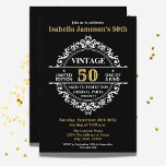 50. Schwarz-weißer und goldener Vintager Geburtsta Einladung<br><div class="desc">Diese Vintage inspirierte Geburtstagsfeier für Erwachsene ist perfekt für 30, 40, 50, 60, 70, 80, 90 oder jedes andere Alter, das Sie mögen. Das Design verfügt über ein weißes, gespaltenes Monogramm mit einem goldenen 50 in der Mitte und der weiße Text lautet "Vintag. Limitierte Auflage, eine von der Art. Vollständig,...</div>